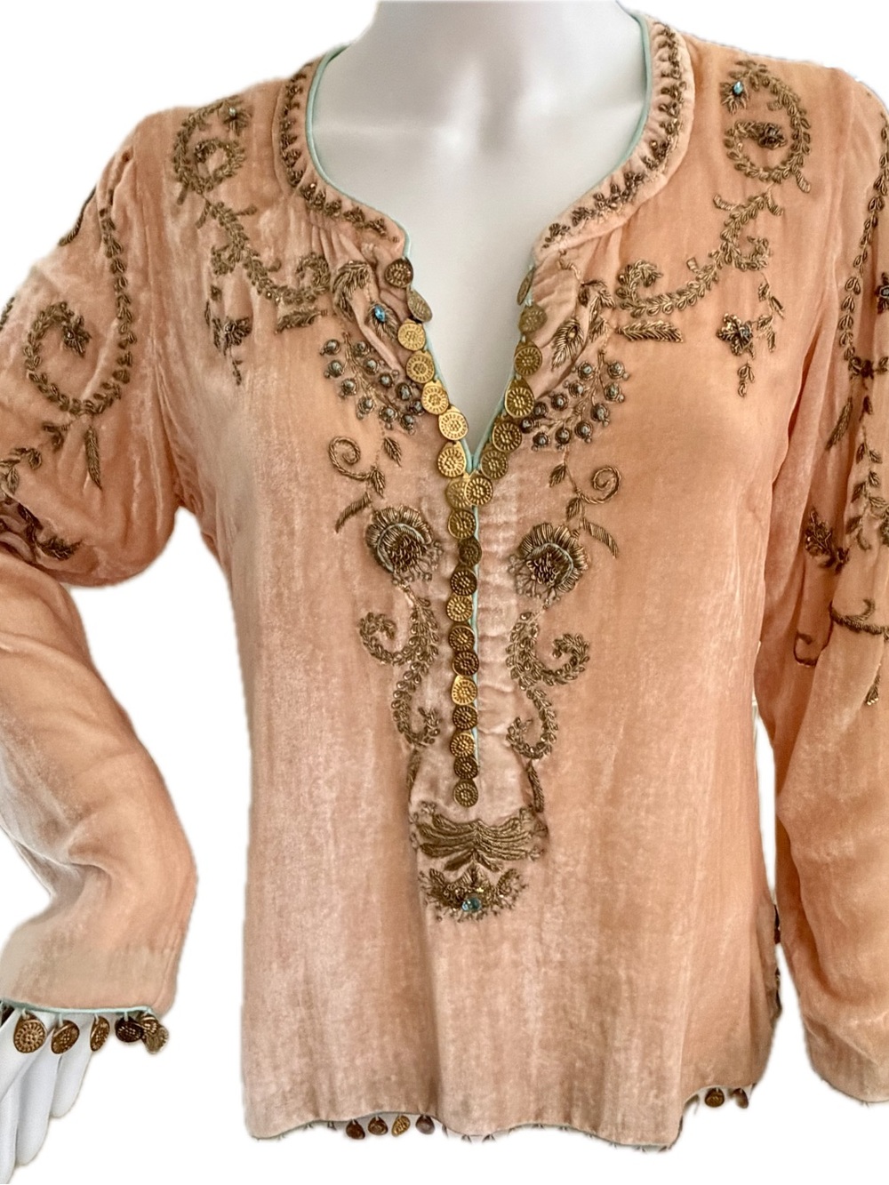 “Bollywood” velvet top with turquoise jewels and gold metallic threadwork